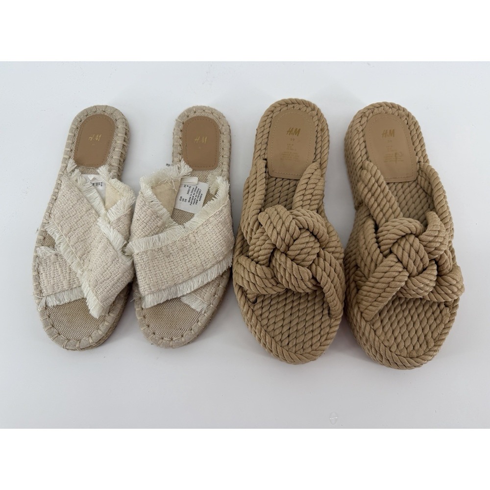 H&M Sandals Womens 8 Espadrille Slide Beige Slip On & Rope Knot Platforms Slides